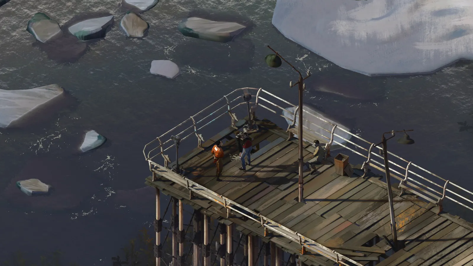Disco Elysium: drewniane molo prowadzące w stronę zamarzniętej zatoki o zmierzchu