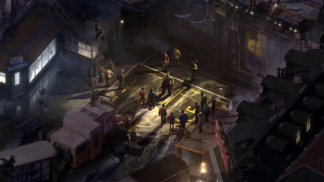 Disco Elysium: nocna ulica z latarniami i grupą postaci przy budce