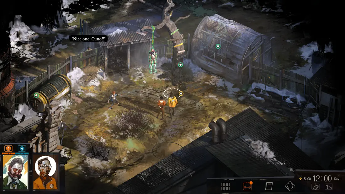 Disco Elysium: nadbrzeżny plac z porzuconą konstrukcją i dwiema rozmawiającymi postaciami