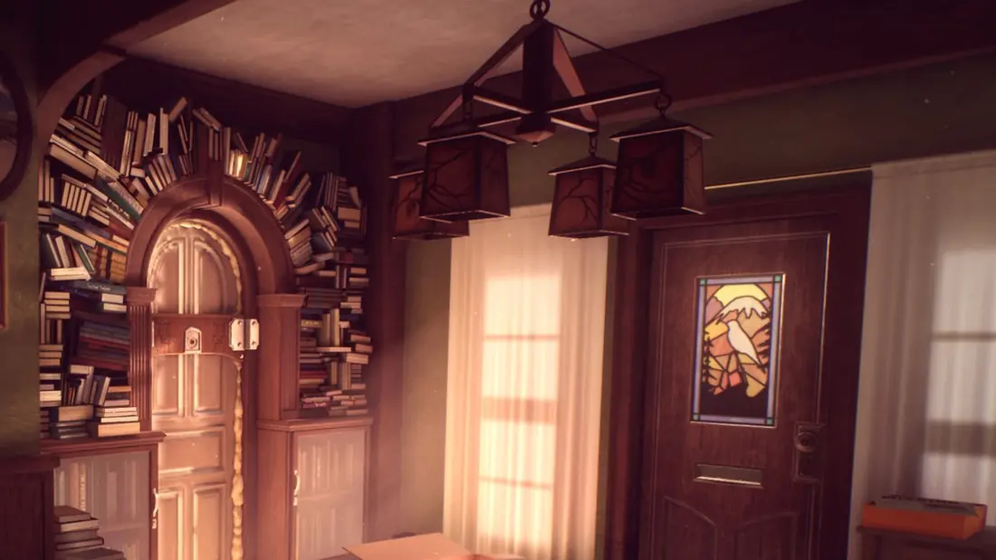 What Remains of Edith Finch: drzwi otoczone półkami pełnymi książek, witraż i lampy w rodzinnym domu