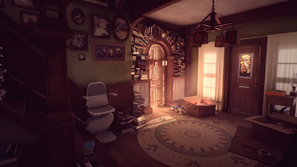 What Remains of Edith Finch: salon rodzinnego domu z książkami wokół drzwi i światłem w oknie