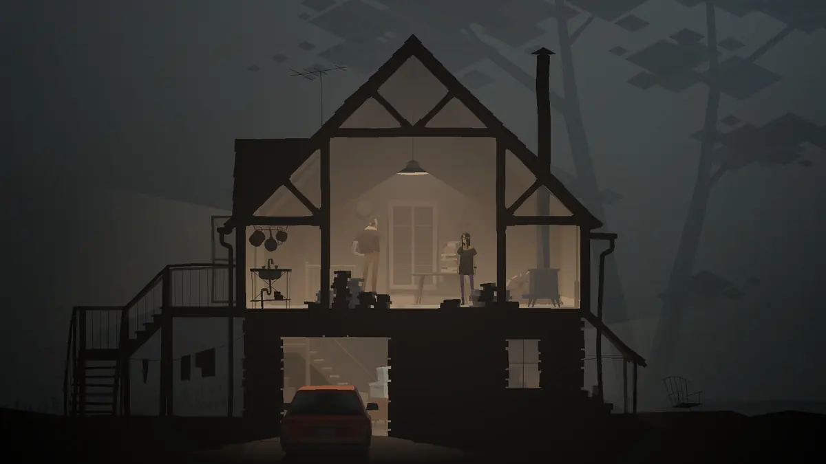 Kentucky Route Zero: przekrój drewnianego domu nocą, oświetlone wnętrze i samochód przed wjazdem
