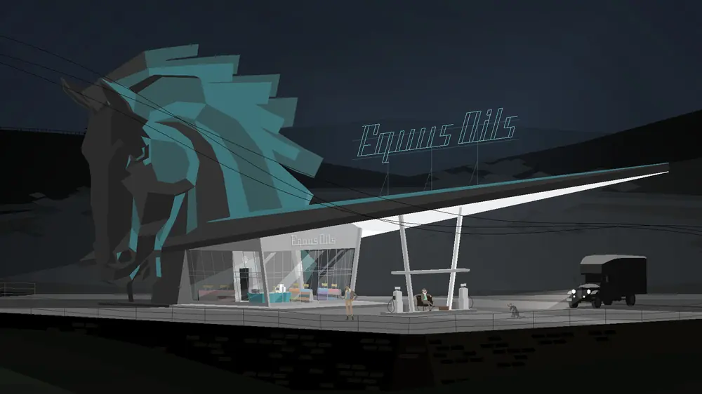Kentucky Route Zero: nocna stacja paliw z podświetlonym szyldem w kształcie konia