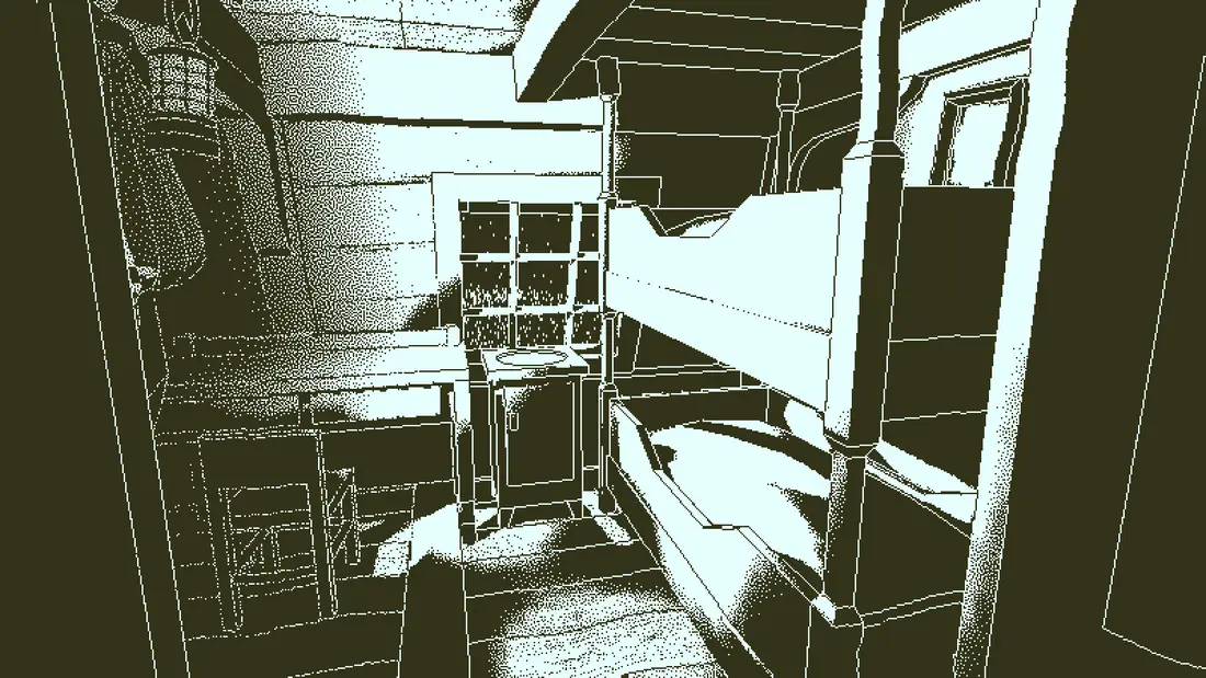 Return of the Obra Dinn: wnętrze kajuty z pryzmatem światła wpadającym przez okno
