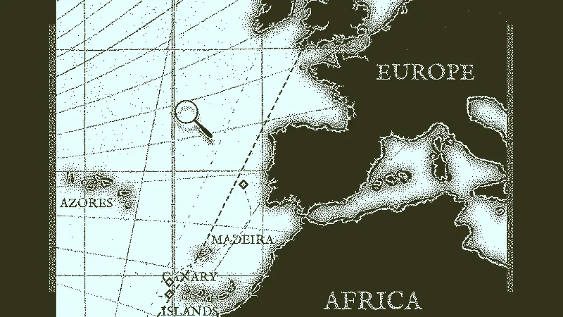 Return of the Obra Dinn: rozłożona mapa Atlantyku z zaznaczonym kursem statku i lupą
