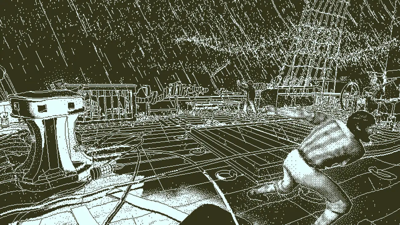 Return of the Obra Dinn: pokład żaglowca w strugach deszczu, takielunek i sylwetka marynarza