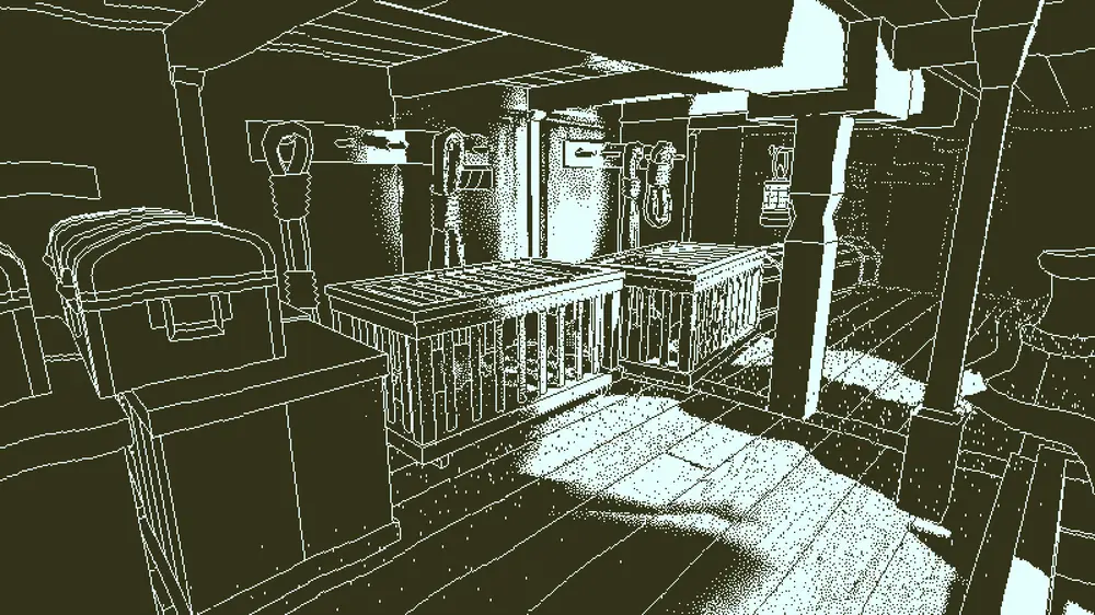 Return of the Obra Dinn: wnętrze pokładu żaglowca w monochromatycznej grafice jednobitowej